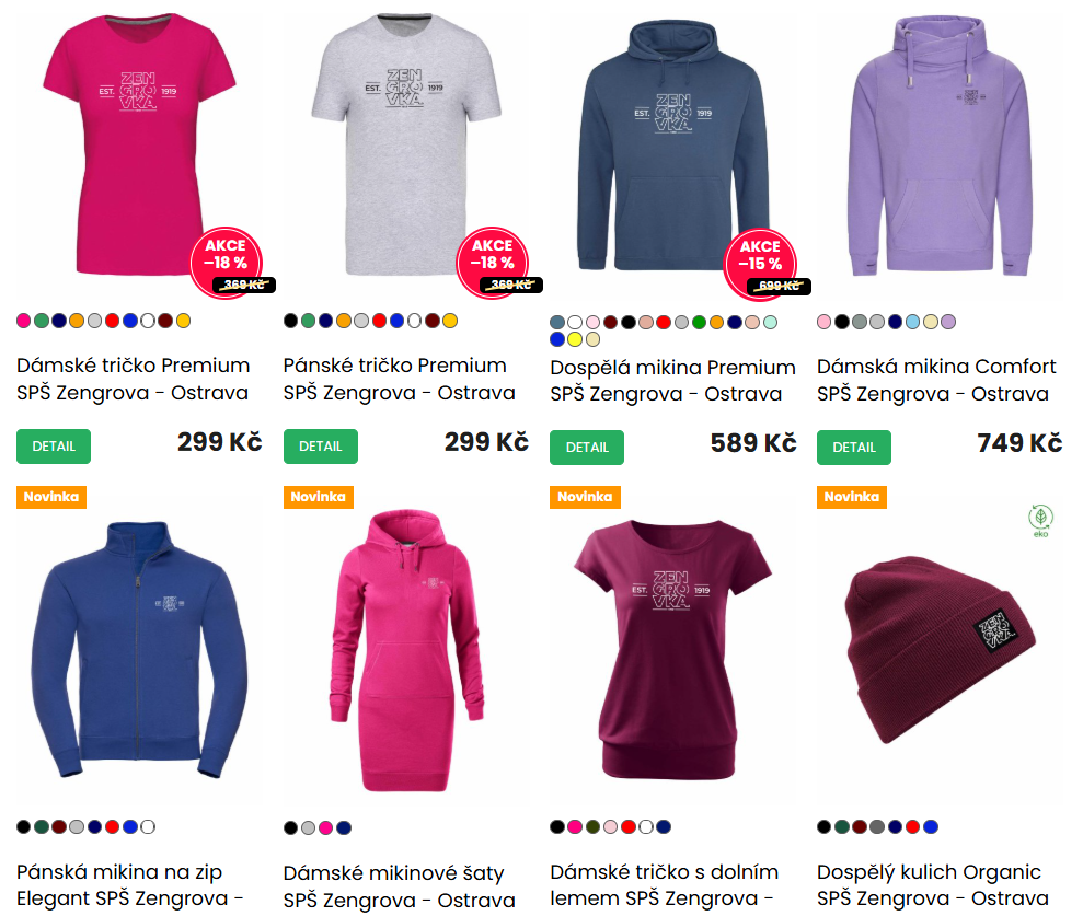 Školní merch SPŠ Zengrova Ostrava – trička, mikiny, šaty a kulich s logem školy