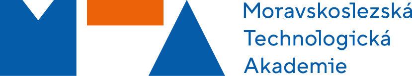 Logo Moravskoslezské Technologické Akademie – modré geometrické tvary a oranžový prvek s textem