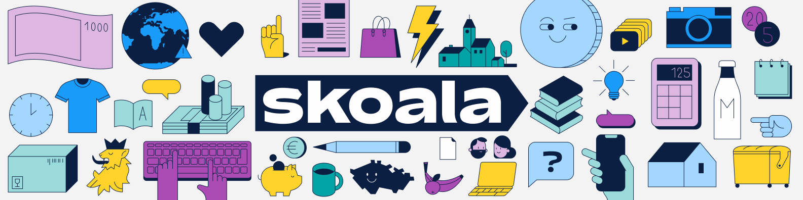 Barevná ilustrace s logem „Skoala“ obklopeným ikonami symbolizujícími finance, vzdělávání a každodenní život