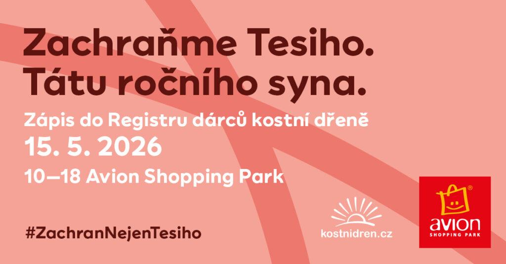 Banner kampaně Zachraňme Tesiho s informací o registraci dárců kostní dřeně v Ostravě dne 15. května 2026