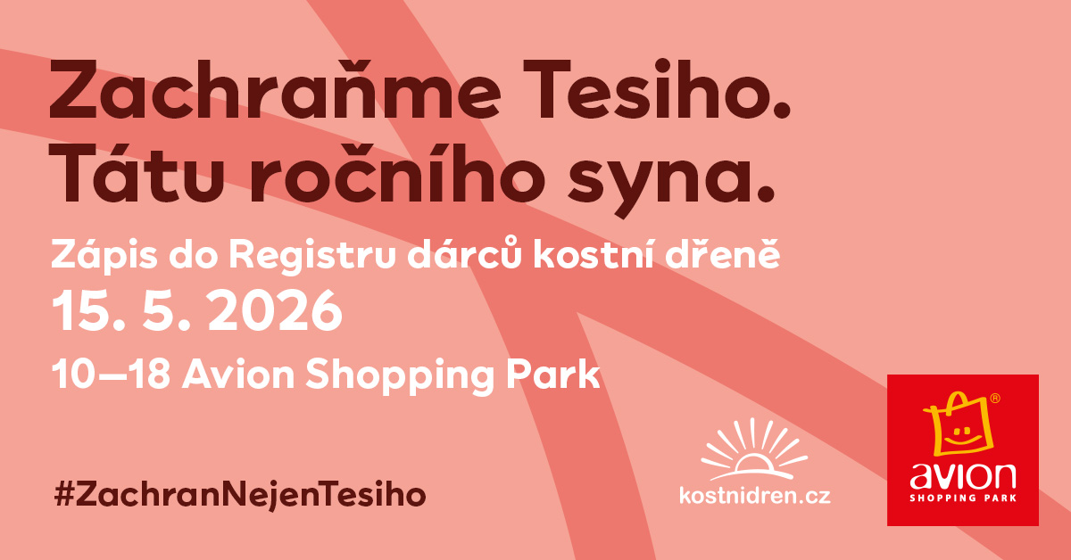 Banner kampaně Zachraňme Tesiho s informací o registraci dárců kostní dřeně v Ostravě dne 15. května 2026