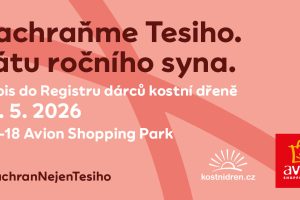 Banner kampaně Zachraňme Tesiho s informací o registraci dárců kostní dřeně v Ostravě dne 15. května 2026