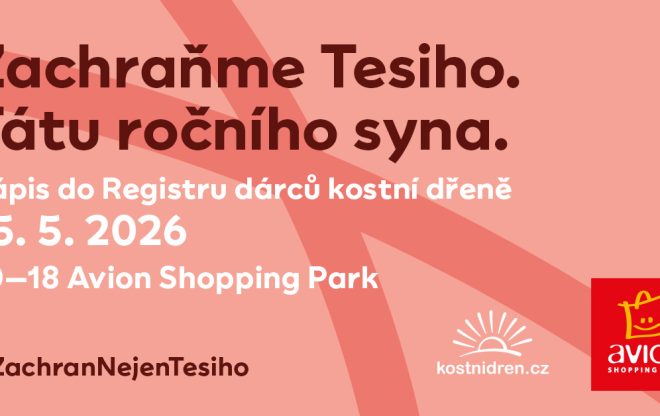 Banner kampaně Zachraňme Tesiho s informací o registraci dárců kostní dřeně v Ostravě dne 15. května 2026