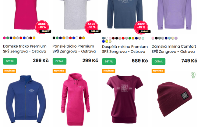 Školní merch SPŠ Zengrova Ostrava – trička, mikiny, šaty a kulich s logem školy